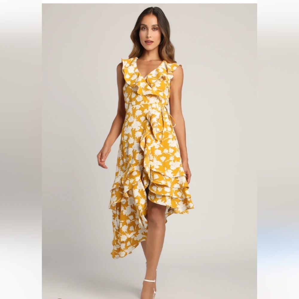 Lulu's Yellow-Asymmetrical Floral Sundress Wrap Dress with V-Neck & Ruffles